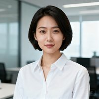 一位年轻女性用户李女士的职业头像，穿着干练的白色衬衫，短发造型，背景为现代办公室